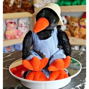 Ty Attic Treasures Cawley the Crow Plush Bird Straw Hat Blue Overalls 6090 NWT